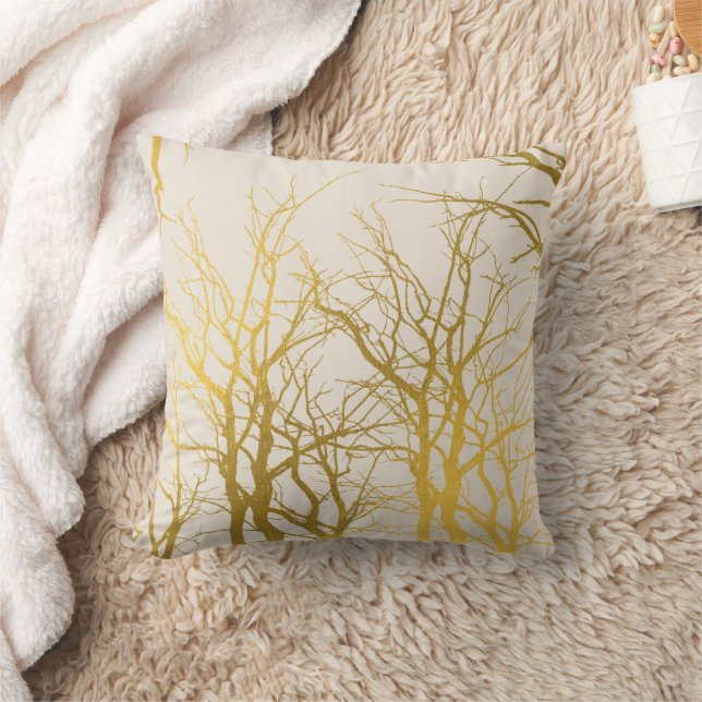 Gold Tree Branches Pattern Beige Background Throw Pillow (Blanket)