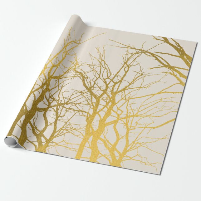 Gold Tree Branches Pattern Beige Background  Wrapping Paper (Unrolled)