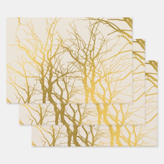 Gold Tree Branches Pattern Beige Background   Wrapping Paper Sheets (Set)