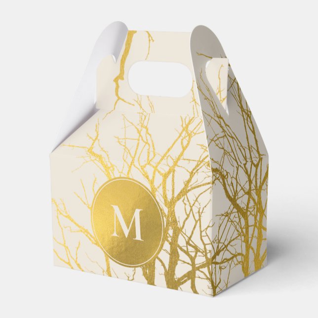 Gold Tree Branches Pattern Beige Monogram Favor Boxes (Front Side)