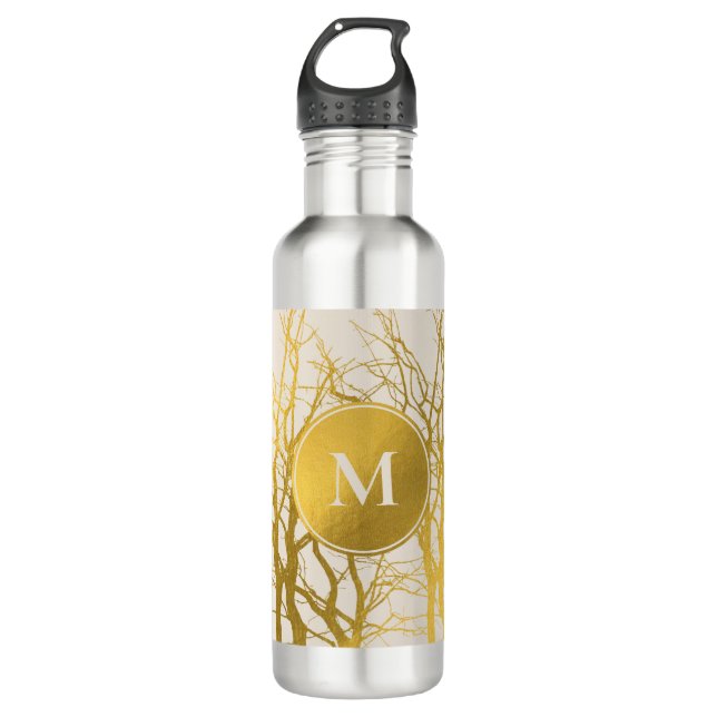 Gold Tree Branches Pattern Beige Monogram  Stainless Steel Water Bottle (Front)