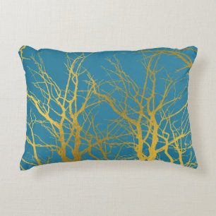 Gold Tree Branches Pattern Blue Background Accent Pillow