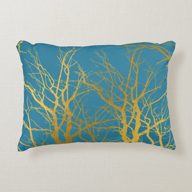 Gold Tree Branches Pattern Blue Background  Accent Pillow (Front)