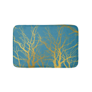 Gold Tree Branches Pattern Blue Background Bath Mat