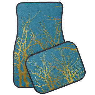 Gold Tree Branches Pattern Blue Background Car Floor Mat