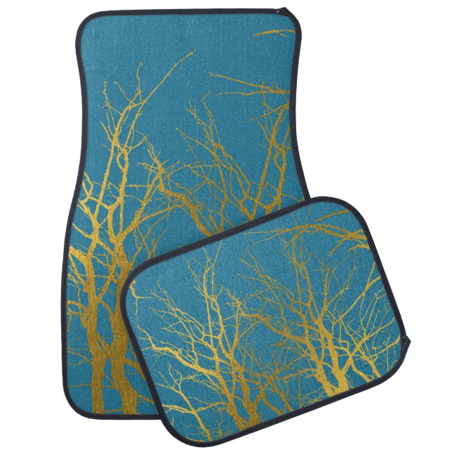 Gold Tree Branches Pattern Blue Background  Car Floor Mat (Set)
