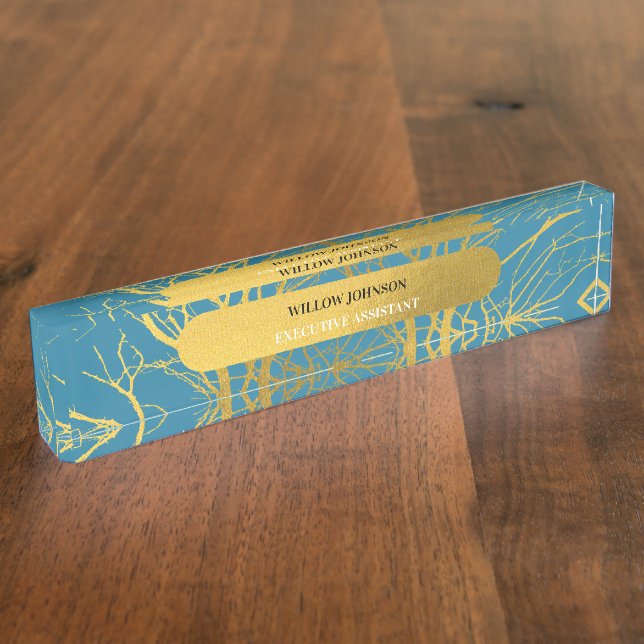 Gold Tree Branches Pattern Blue Background Desk Name Plate (Side)