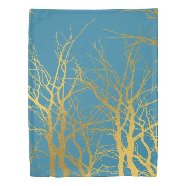 Gold Tree Branches Pattern Blue Background  Duvet Cover (Front)