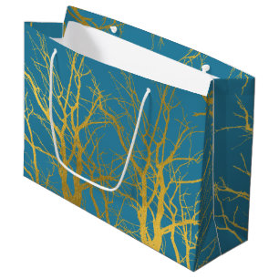 Gold Tree Branches Pattern Blue Background Large Gift Bag