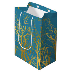 Gold Tree Branches Pattern Blue Background Medium Gift Bag