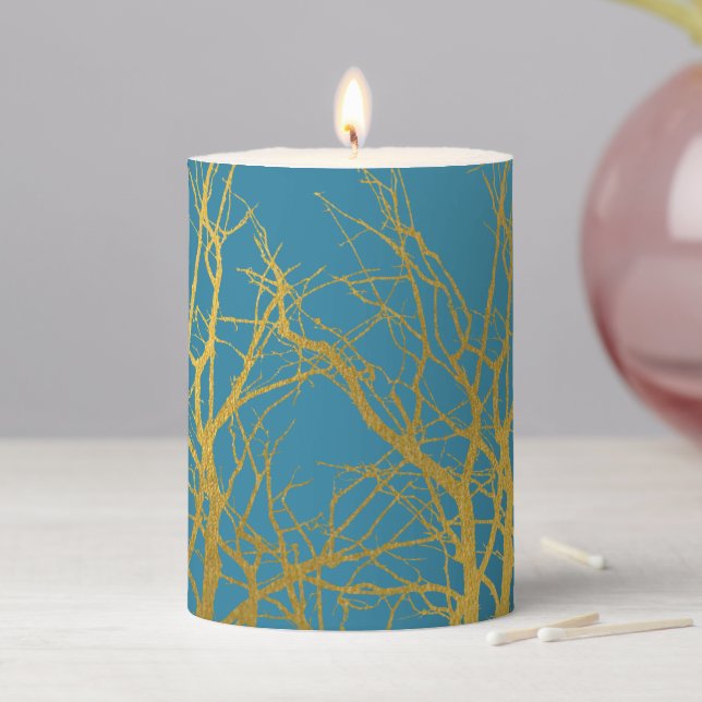 Gold Tree Branches Pattern Blue Background  Pillar Candle (In Situ)
