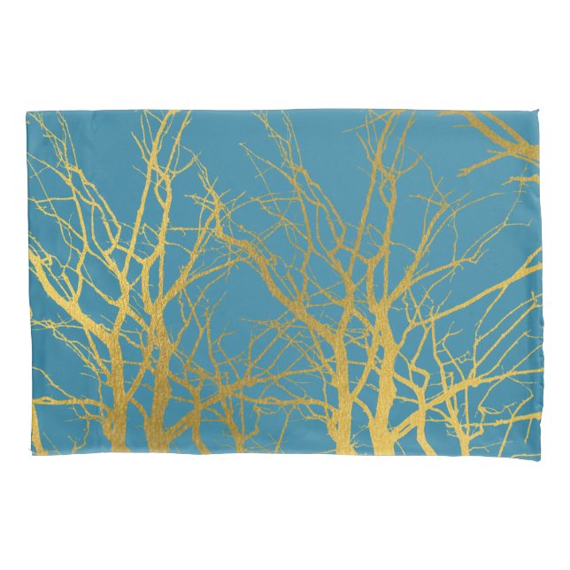 Gold Tree Branches Pattern Blue Background Pillow Case (Front)
