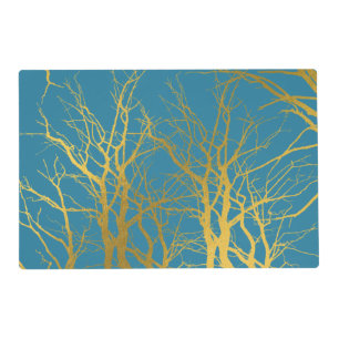 Gold Tree Branches Pattern Blue Background Placemat