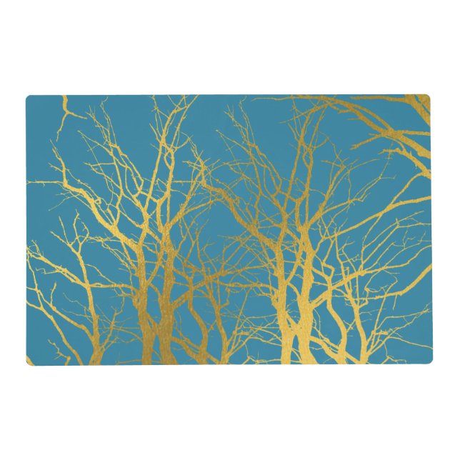 Gold Tree Branches Pattern Blue Background Placemat (Front)