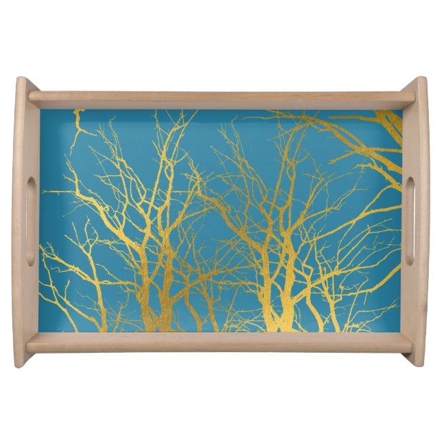 Gold Tree Branches Pattern Blue Background Serving Tray (Front)
