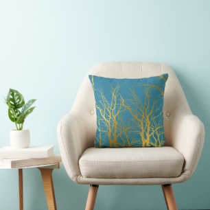 Gold Tree Branches Pattern Blue Background Throw Pillow