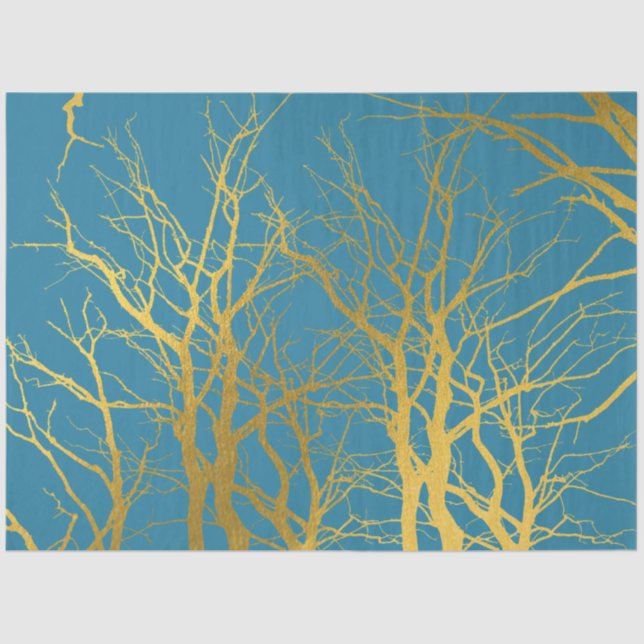 Gold Tree Branches Pattern Blue Background   Tissue Paper (Front)