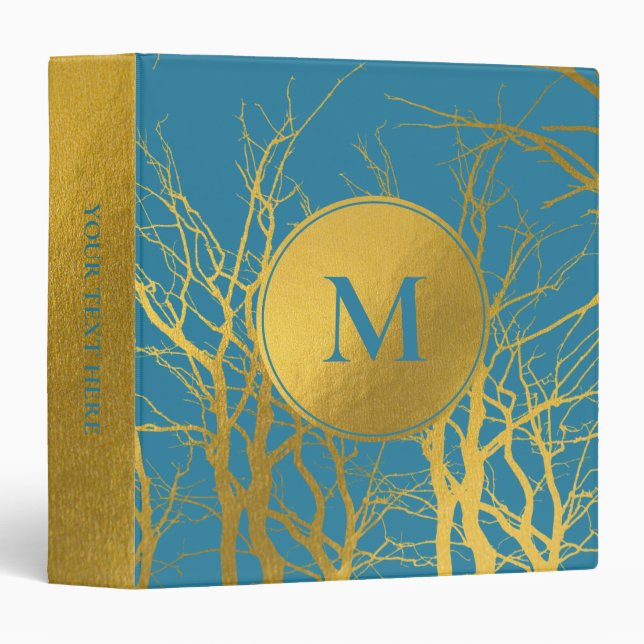 Gold Tree Branches Pattern Blue Monogram  3 Ring Binder (Front/Spine)