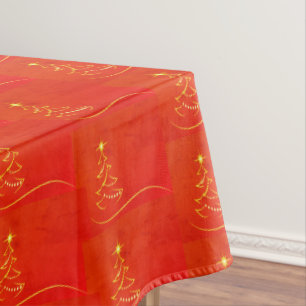 Gold Tree Design Red Christmas Tablecloth