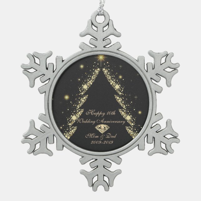 Gold Tree, Diamond 10th Wedding Anniversary Snowflake Pewter Christmas Ornament (Front)