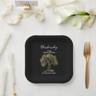 Gold Tree Family Reunion Black White Paper Plates