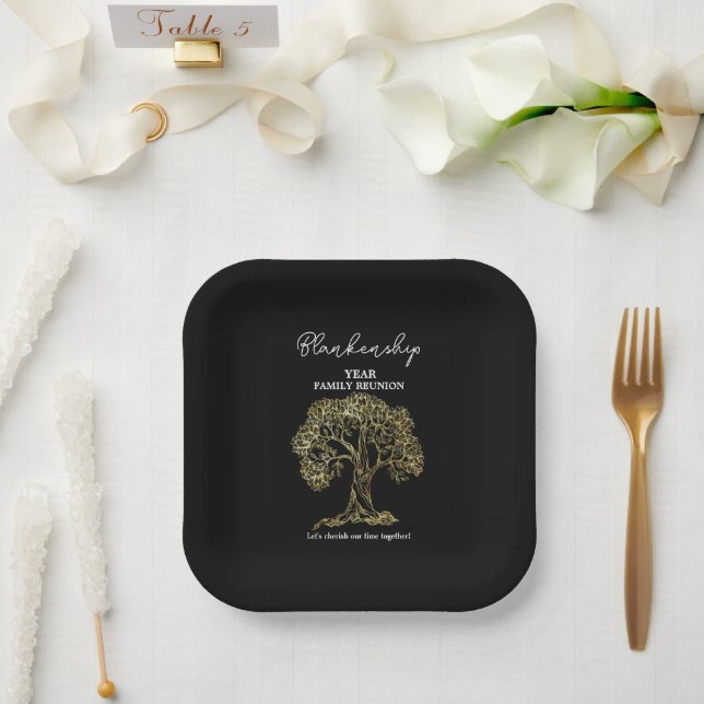 Gold Tree Family Reunion Black White Paper Plates (Wedding)