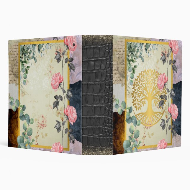 Gold Tree Floral Roses 3 Ring Binder (Background)