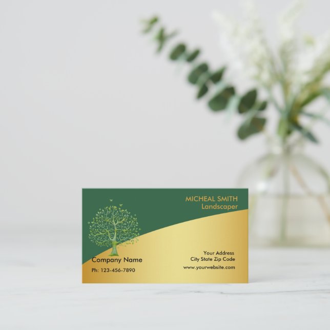 Gold Tree Garden Lawn Care and Landscape Business Card (Standing Front)