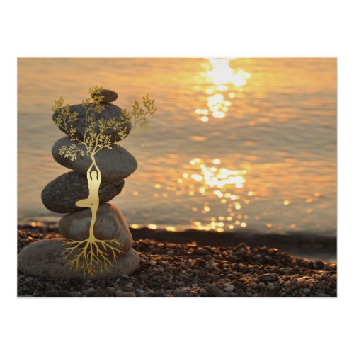 Gold Tree Girl Silhouette Zen StonesSunset Beach Poster