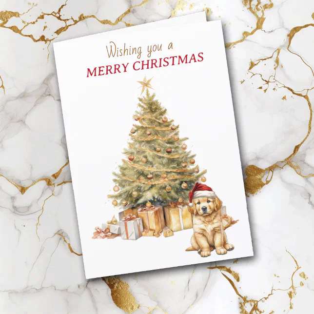 Gold Tree Golden Retriever Puppy Christmas Card | Zazzle