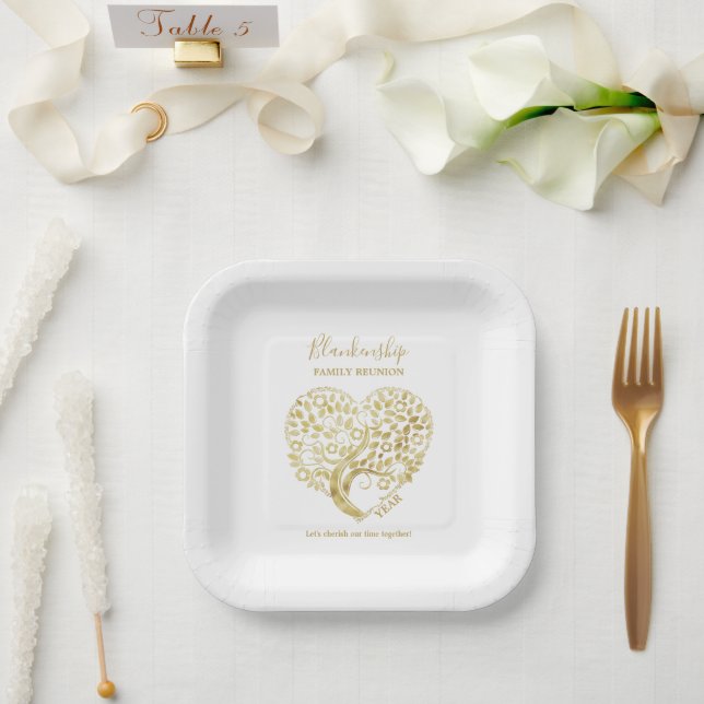 Gold Tree Heart Family Reunion Personalized Paper Plates (Wedding)