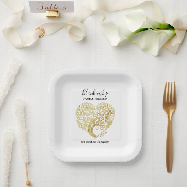Gold Tree Heart Family Reunion Personalized Paper Plates (Wedding)