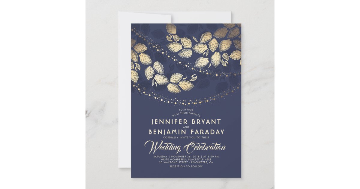 Gold Tree Leaves and Lights | Navy Blue Wedding Invitation | Zazzle