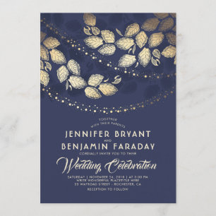 Gold Tree Leaves and Lights Navy Blue Wedding Invitation