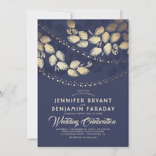 Gold Tree Leaves and Lights | Navy Blue Wedding Invitation - Woodland or garden navy blue wedding invitations with the gorgeous gold tree leaves and night / evening string of lights. --- All design elements created by Jinaiji