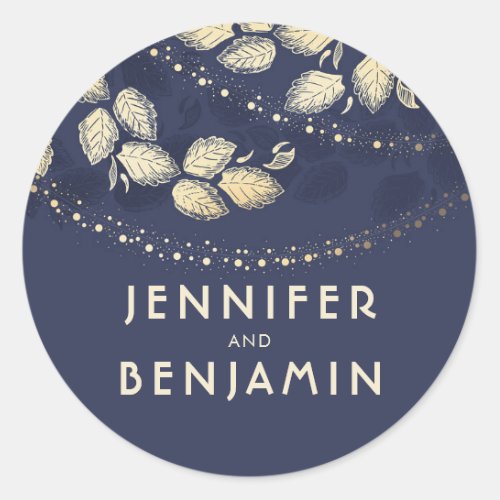 Gold Tree Leaves and String Lights Wedding Classic Round Sticker - Elegant navy blue and gold wedding seals