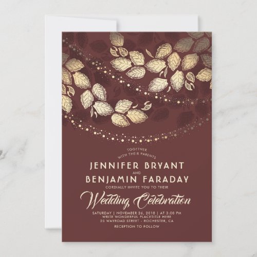 Gold Tree Lights | Elegant Burgundy Wedding Invitation - Burgundy / Marsala garden wedding invitations with the gorgeous gold tree leaves and night / evening string of lights. --- All design elements created by Jinaiji
