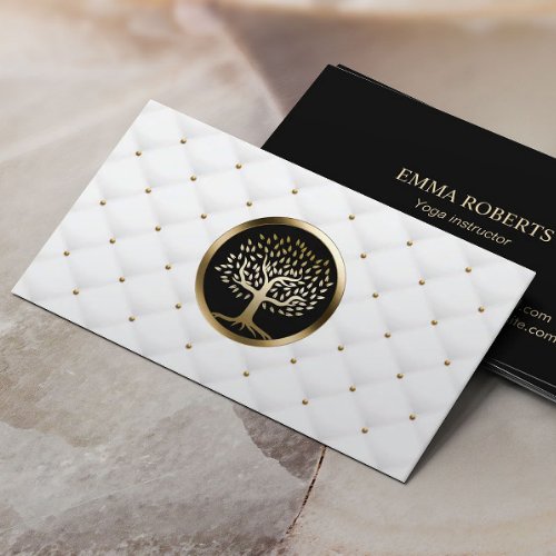 Gold Tree Logo Modern White Quilts Salon  SPA Business Card