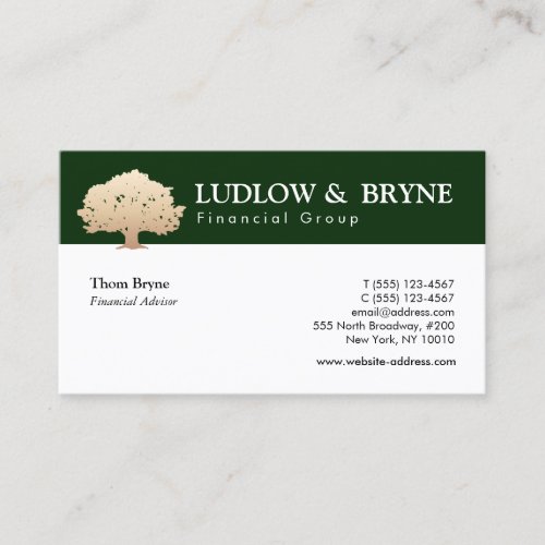 Gold Tree Logo Traditional Professional Dark Green Business Card