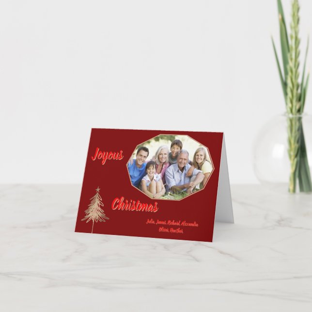 Gold Tree Minimal Dark Red Joyous Christmas Photo  Card (Front)