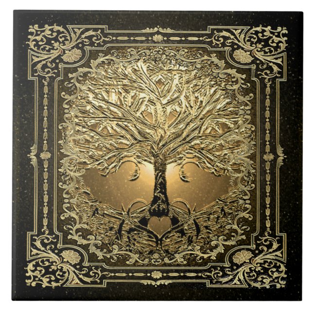 Gold Tree of Life Ancient Rustic Ceramic Tile (Front)