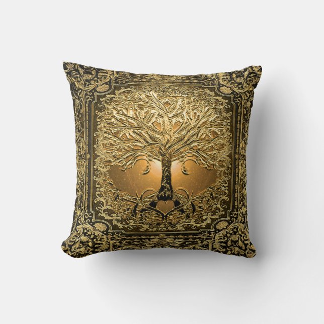 Gold Tree of Life Ancient Rustic Throw Pillow (Front)