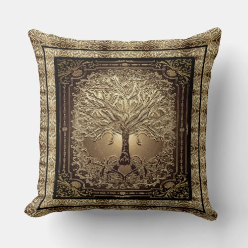 Gold Tree of Life Ancient Rustic  Throw Pillow