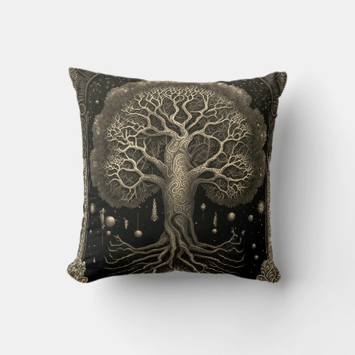 Gold Tree of Life Ancient Rustic Throw Pillow