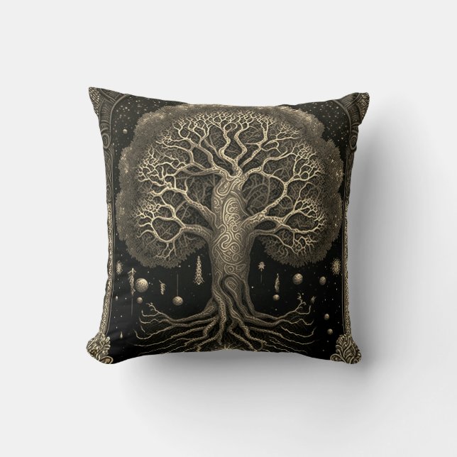 Gold Tree of Life Ancient Rustic Throw Pillow (Front)