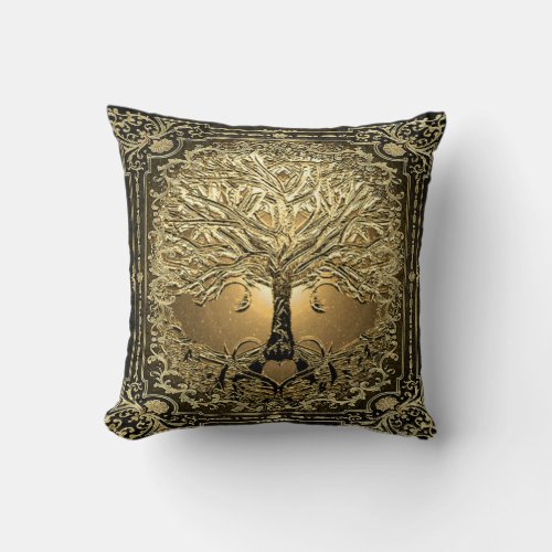 Gold Tree of Life Ancient Rustic Throw Pillow