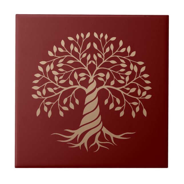 Gold Tree of Life Red Background Graphic Art Ceramic Tile (Front)