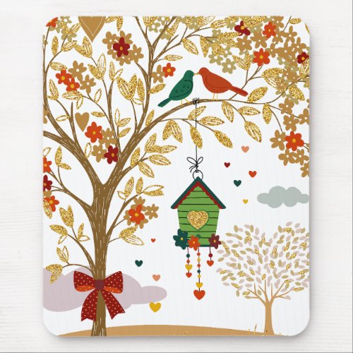 Gold Tree of Love Bird Couple Kissing  Mouse Pad