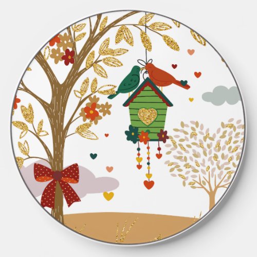 Gold Tree of Love Bird Couple Kissing  Wireless Charger