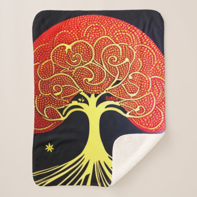 Gold Tree on Navy Background Sherpa Blanket (Front)